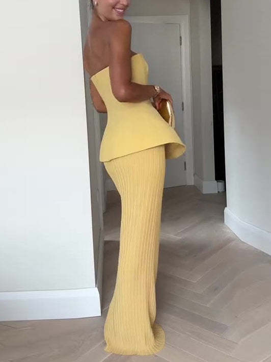 Women’s Yellow & Black Two-Piece Set – Bandeau Top & High-Waisted Pleated Skirt