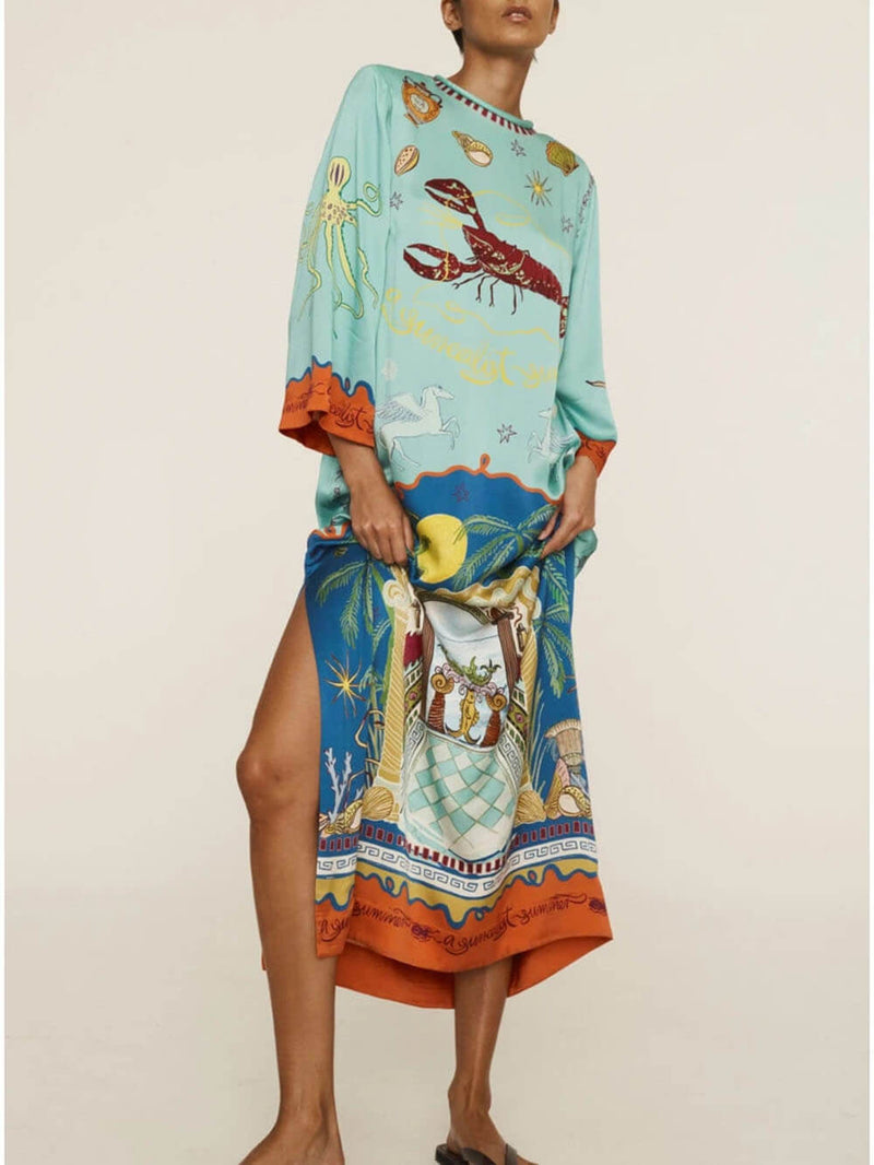 Blue Satin Long Sleeve Maxi Dress | Tie Waist & Side Slit Evening Gown