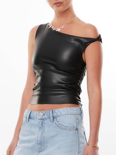 Women’s Off-Shoulder Faux Leather Crop Top | Twisted Pleated Party Style
