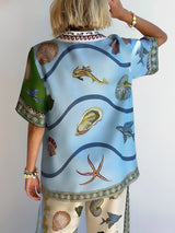 Women’s Deep Sea Floral Print Shirt | Loose Fit Short Sleeve Blouse for Holidays & Everyday Style