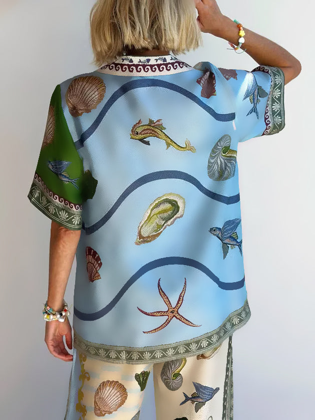 Women’s Deep Sea Floral Print Shirt | Loose Fit Short Sleeve Blouse for Holidays & Everyday Style
