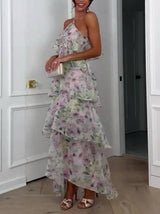 Women's Halter Neck Maxi Dress | Floral Ruffle Backless Wedding & Party Wear