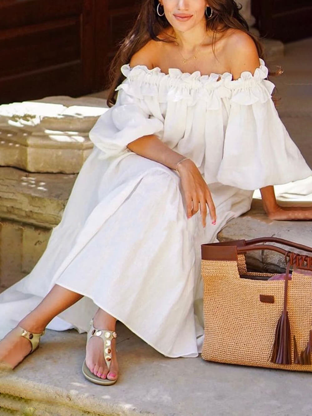 Florence | Off-Shoulder Midi Dress – Ruffle Puff Sleeves & Pockets, Summer Fit