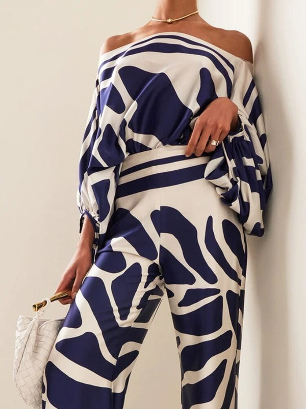 Women’s Satin Set | Abstract Print Shirt & Wide-Leg Trousers – Relaxed Long Sleeve