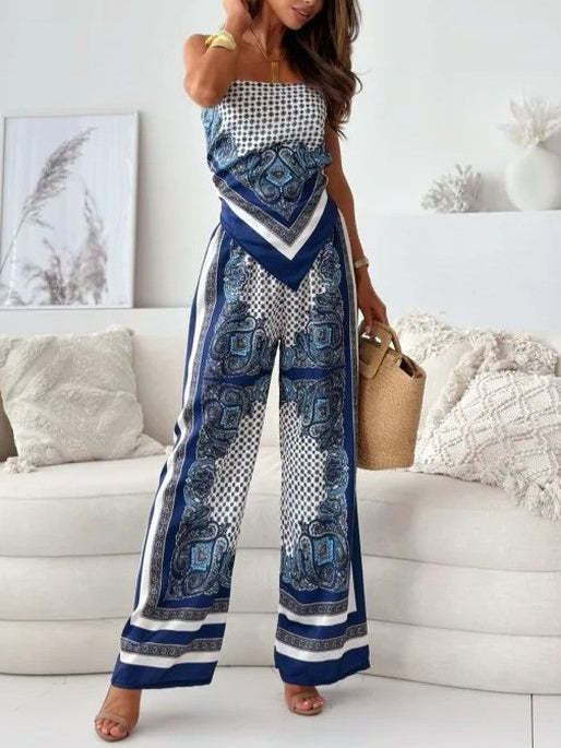 Women’s Floral Two-Piece Set | Bandeau Top & Printed Trousers for Day & Evening Wear