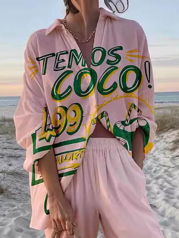 Women’s Printed Oversized Shirt & Wide-Leg Trousers Set – Relaxed Fit for Holidays & Everyday Wear
