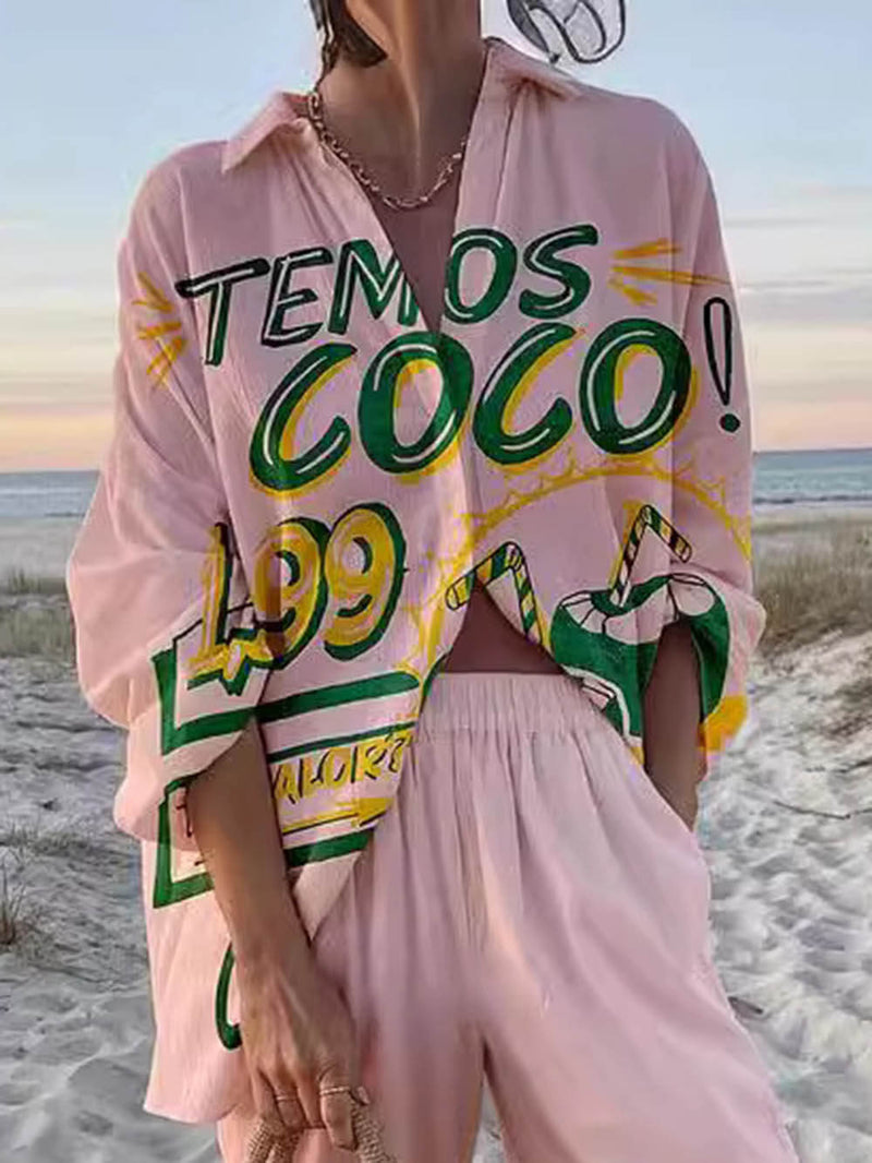 Women’s Printed Oversized Shirt & Wide-Leg Trousers Set – Relaxed Fit for Holidays & Everyday Wear