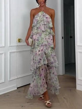 Women's Halter Neck Maxi Dress | Floral Ruffle Backless Wedding & Party Wear