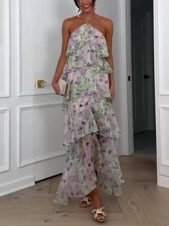 Women's Halter Neck Maxi Dress | Floral Ruffle Backless Wedding & Party Wear
