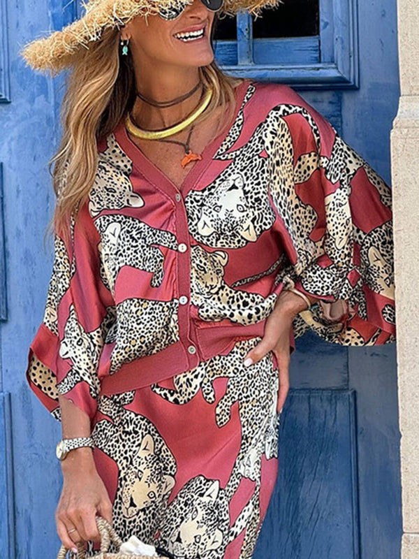 Women's Satin Tiger Print Blouse | Long Sleeve Button-Down Top for Evening & Holiday Wear