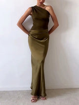 Women’s Silk Blend Maxi Dress | One-Shoulder Pleated Evening Gown
