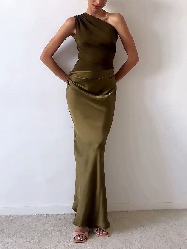 Women’s Silk Blend Maxi Dress | One-Shoulder Pleated Evening Gown