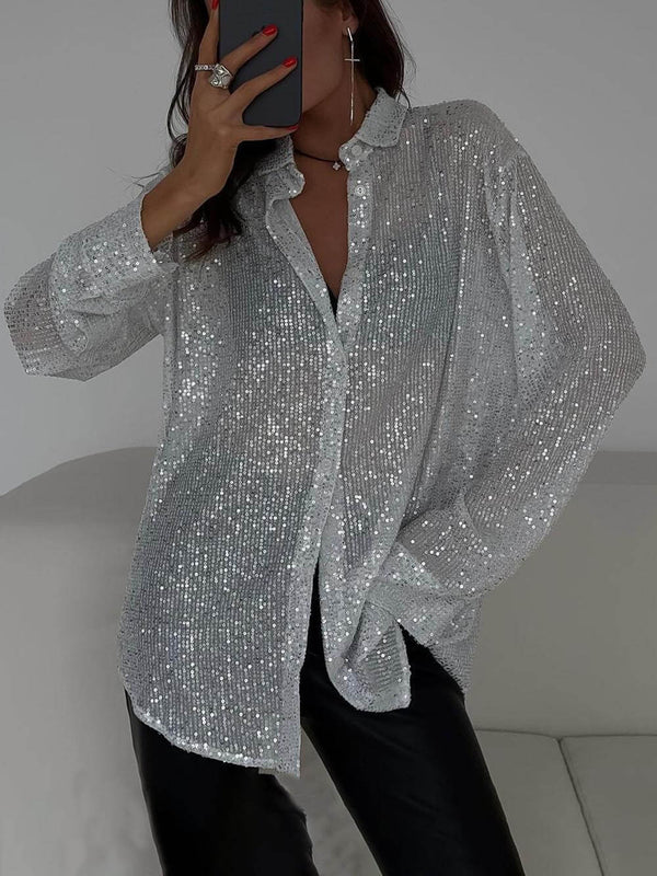 Women’s Beaded Lapel Shirt | Long Sleeve Party Blouse