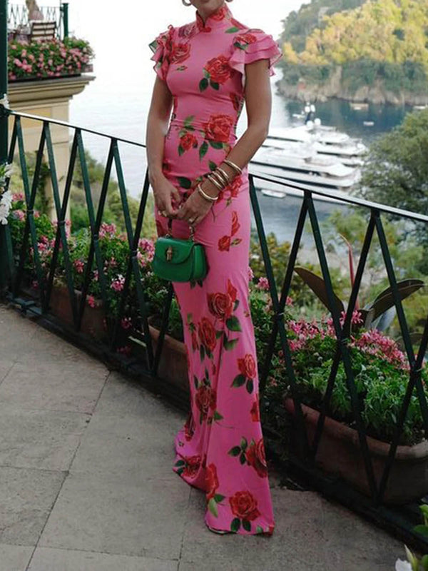 The Amelia Rose Floral Maxi Dress – Tiered Flare Sleeves & Stretch Fit