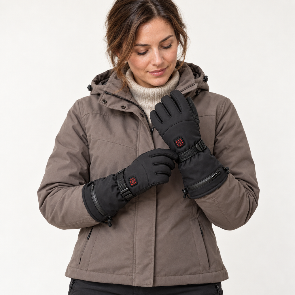 Woman naturally adjusting the wrist of her black Jinlida JLD-S1 heated gloves, wearing a taupe jacket against a light background.