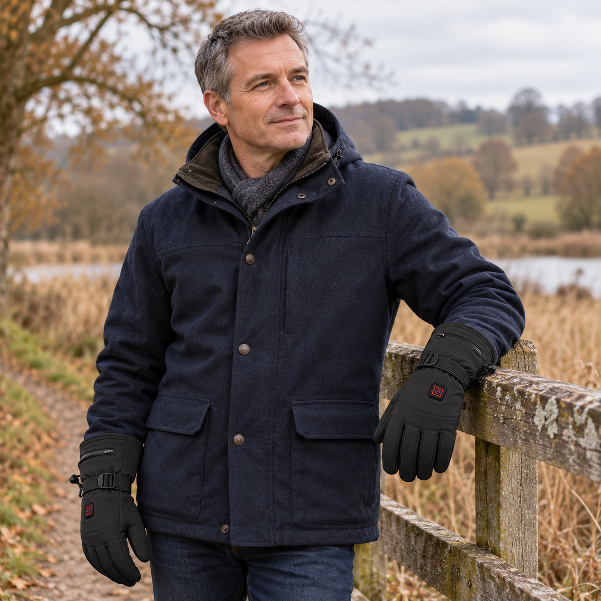 Man wearing black Jinlida JLD-S1 heated gloves and a navy coat beside a countryside fence, with one gloved hand resting on the rail.