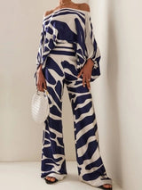 Women’s Satin Set | Abstract Print Shirt & Wide-Leg Trousers – Relaxed Long Sleeve