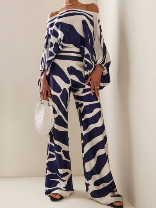 Women’s Satin Set | Abstract Print Shirt & Wide-Leg Trousers – Relaxed Long Sleeve