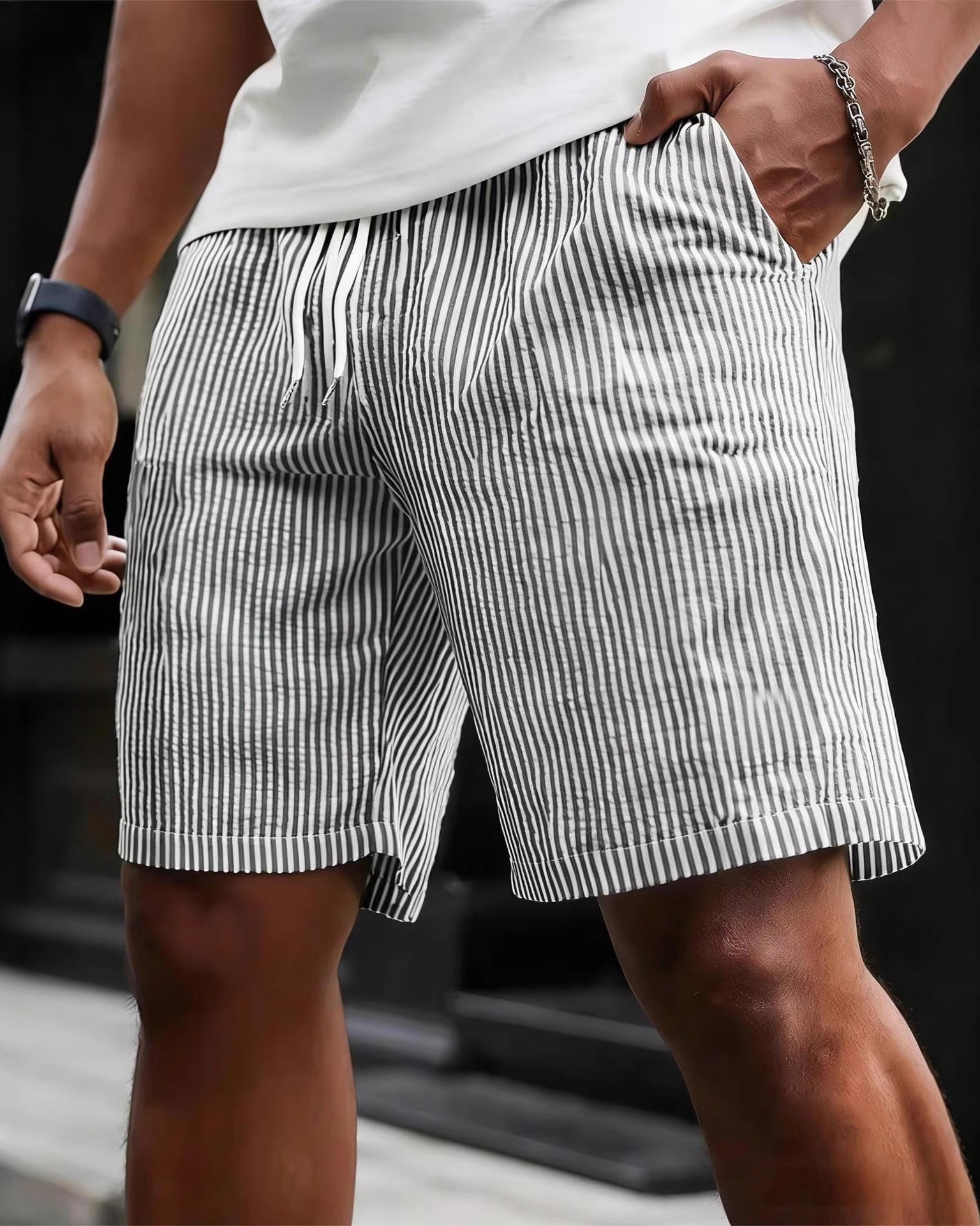Pantaloncini casual da uomo a righe con vita regolabile con coulisse