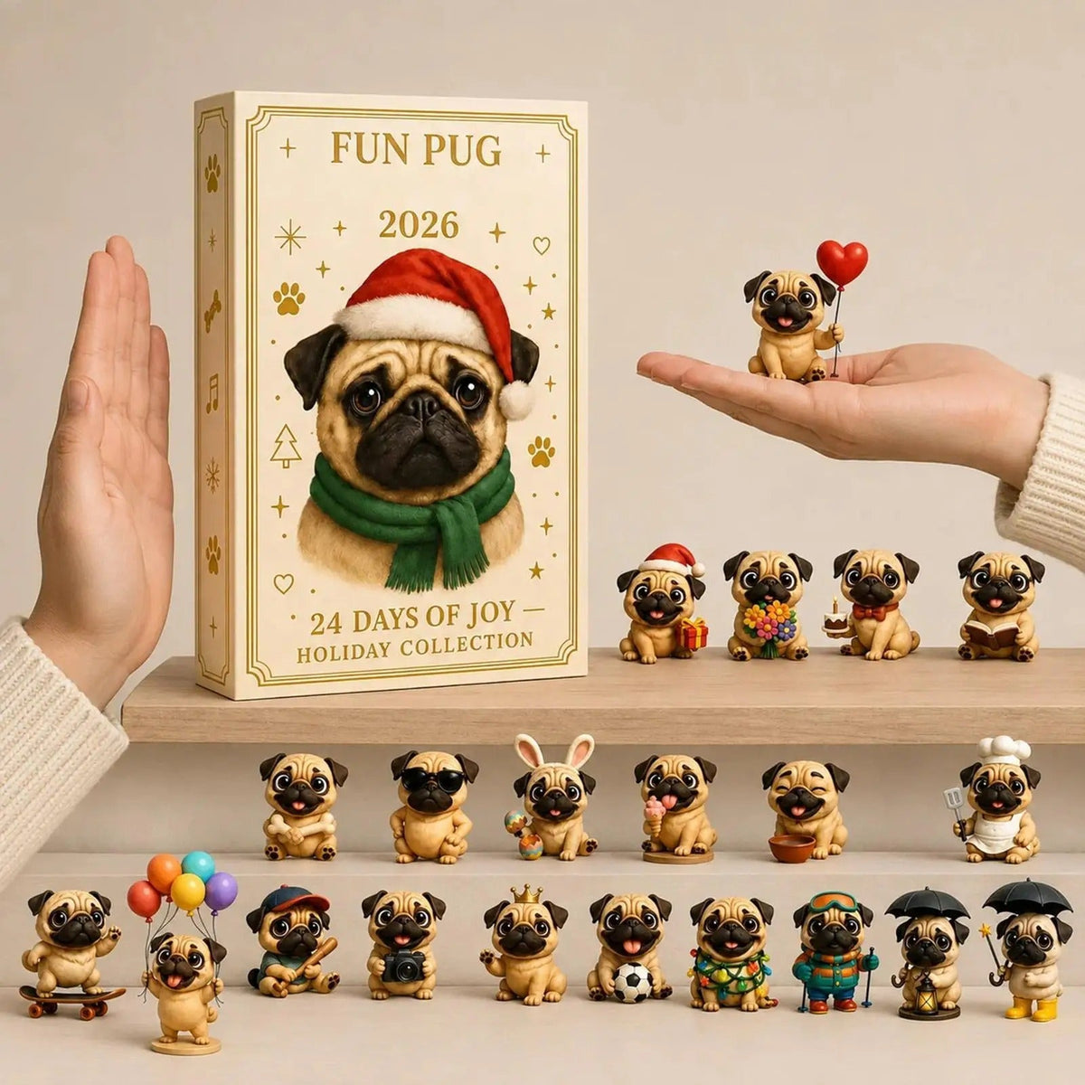 Pug Christmas Countdown Calendar 2026 24 Days Mini Dog Figurine Advent Festive Decoration Party Supplies Stockings Office Table Living Room