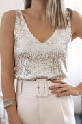 Women's sleeveless top with V-neck and sequin trim