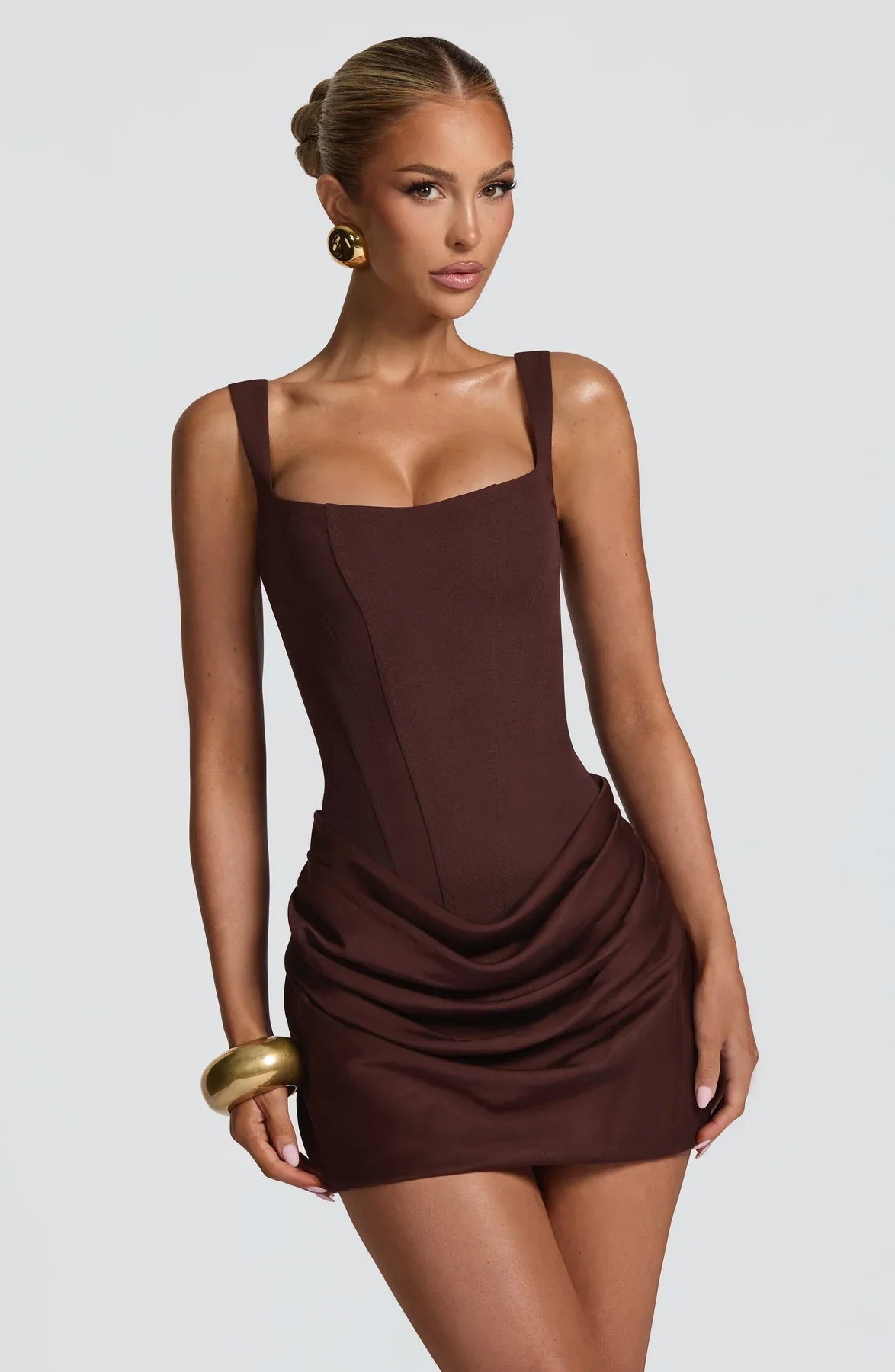Women's Ruched Mini Dress with Square Neckline and Wide Straps
