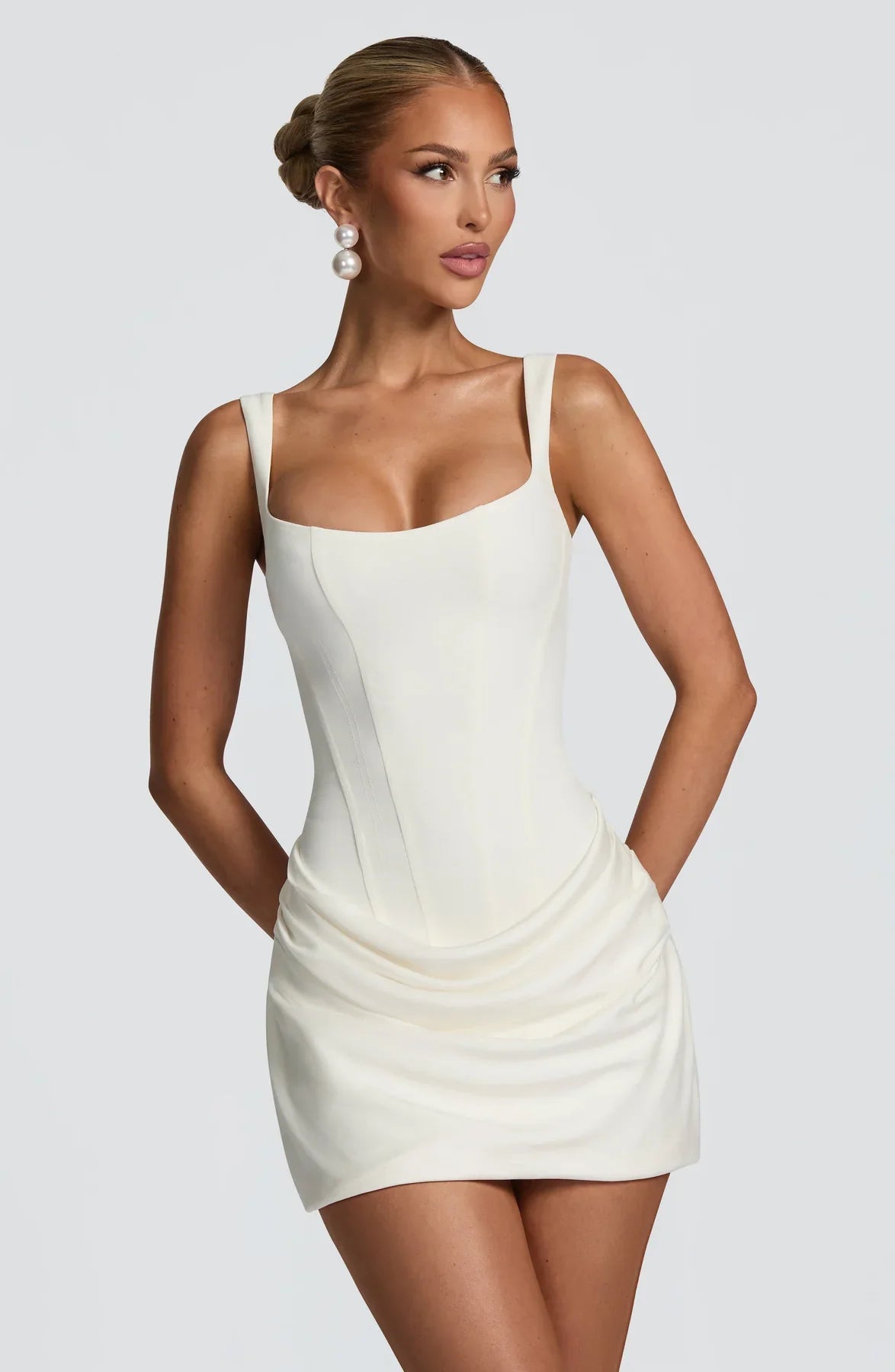 Women's Ruched Mini Dress with Square Neckline and Wide Straps