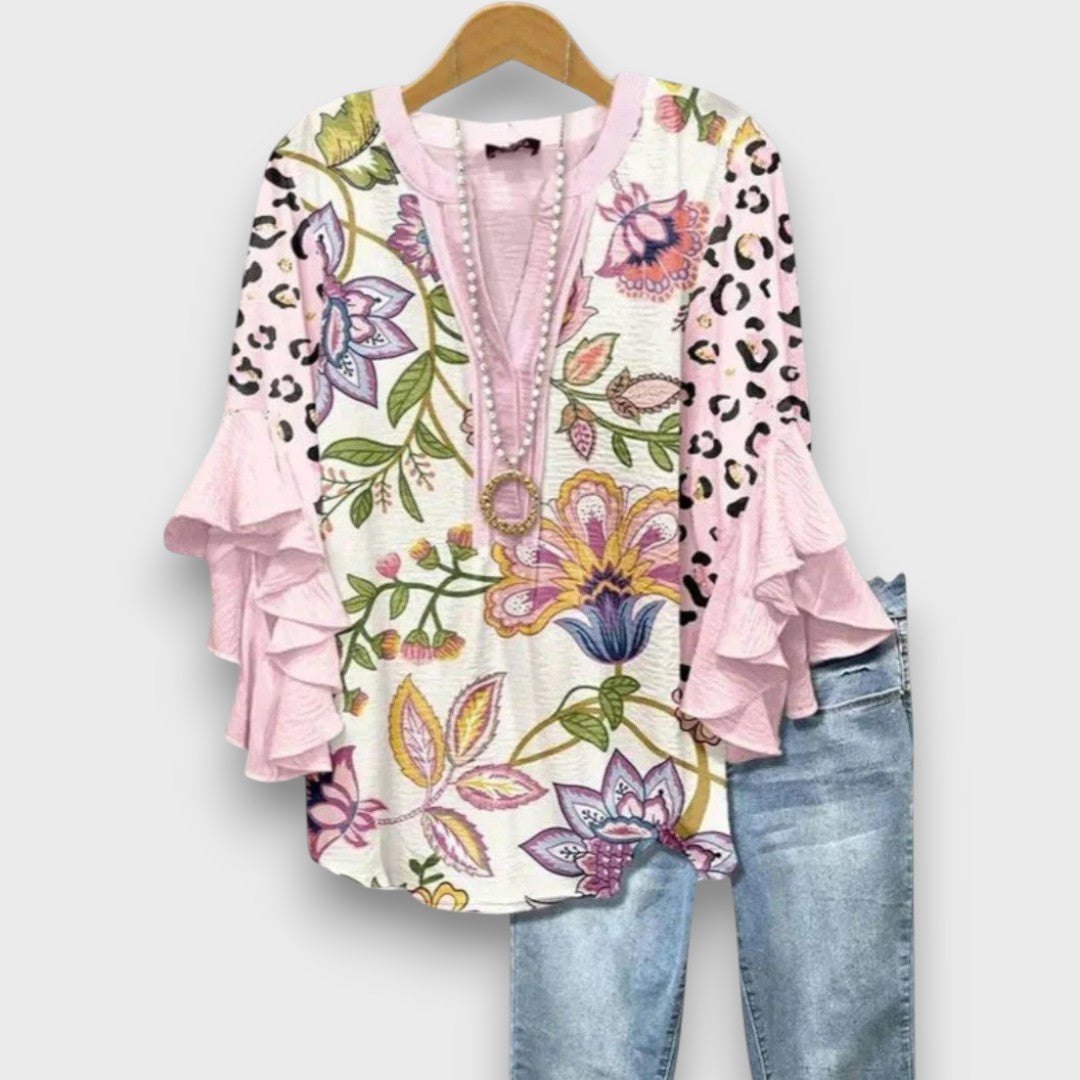 Dames Blouse met V-hals en Rüschenmouwen met Bloemenprint Roze
