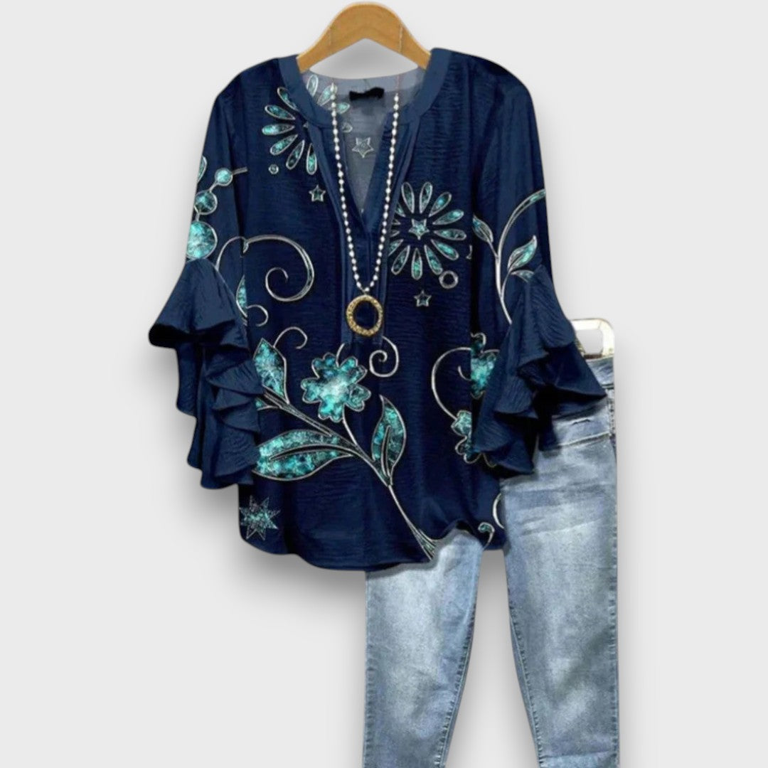 Dames Blouse met V-hals en Rüschenmouwen met Bloemenprint Donkerblauw