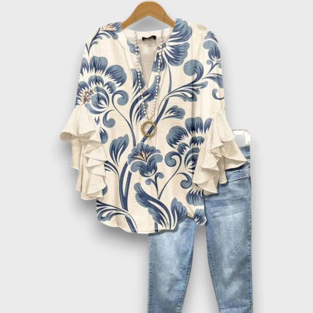 Dames Blouse met V-hals en Rüschenmouwen met Bloemenprint Wit Blauw