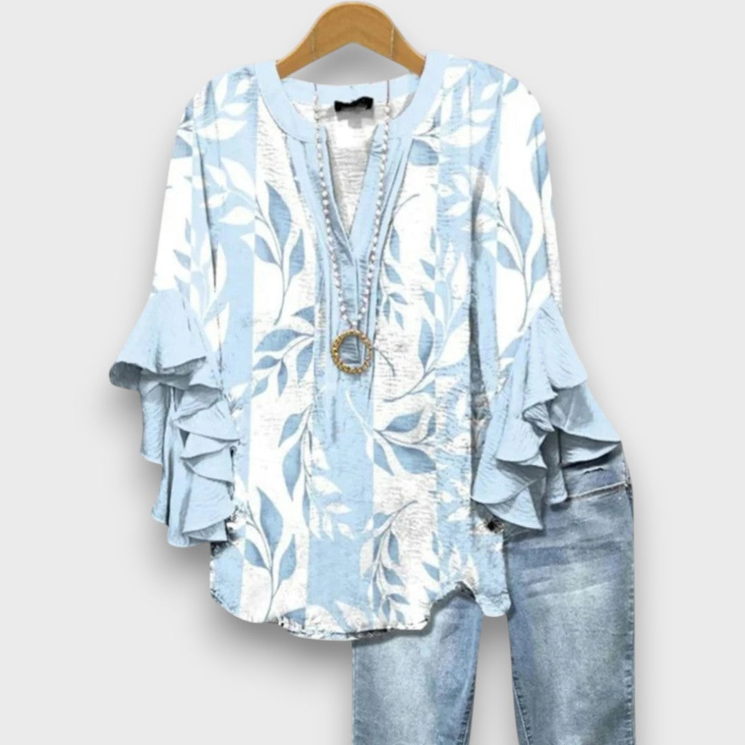 Dames Blouse met V-hals en Rüschenmouwen met Bloemenprint Lichtblauw