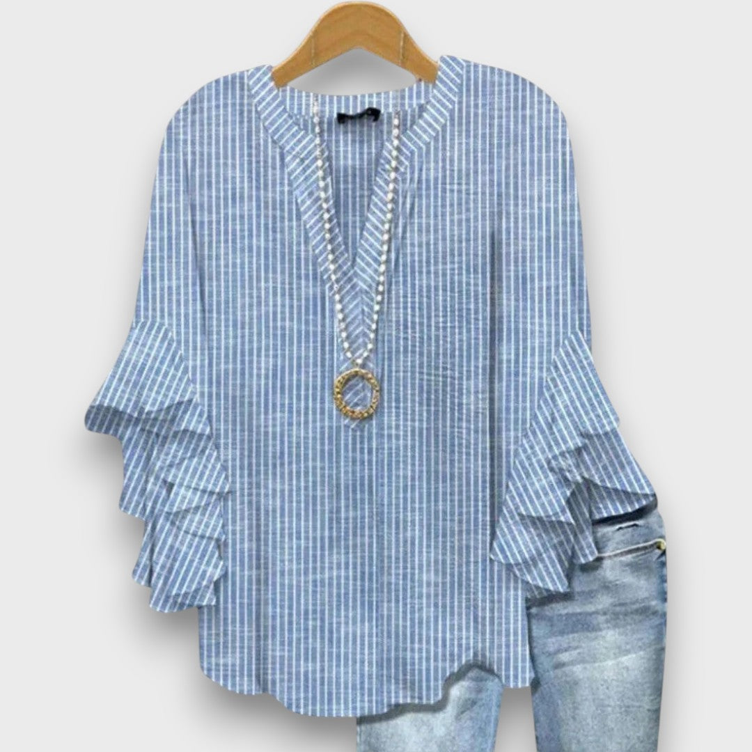 Dames Blouse met V-hals en Rüschenmouwen met Bloemenprint Blauw