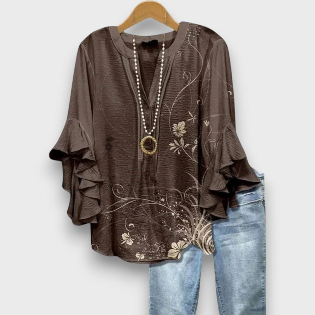 Dames Blouse met V-hals en Rüschenmouwen met Bloemenprint Bruin