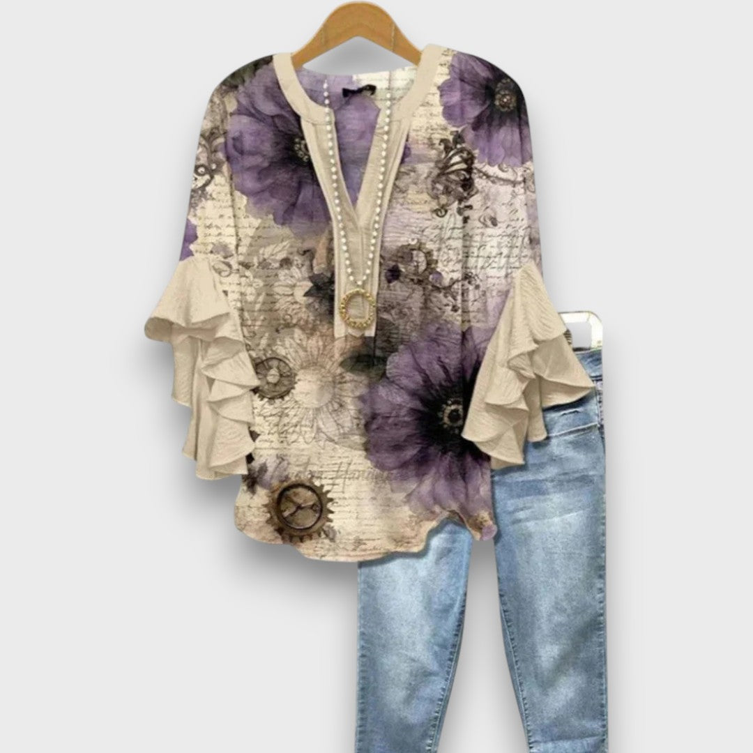 Dames Blouse met V-hals en Rüschenmouwen met Bloemenprint Beige