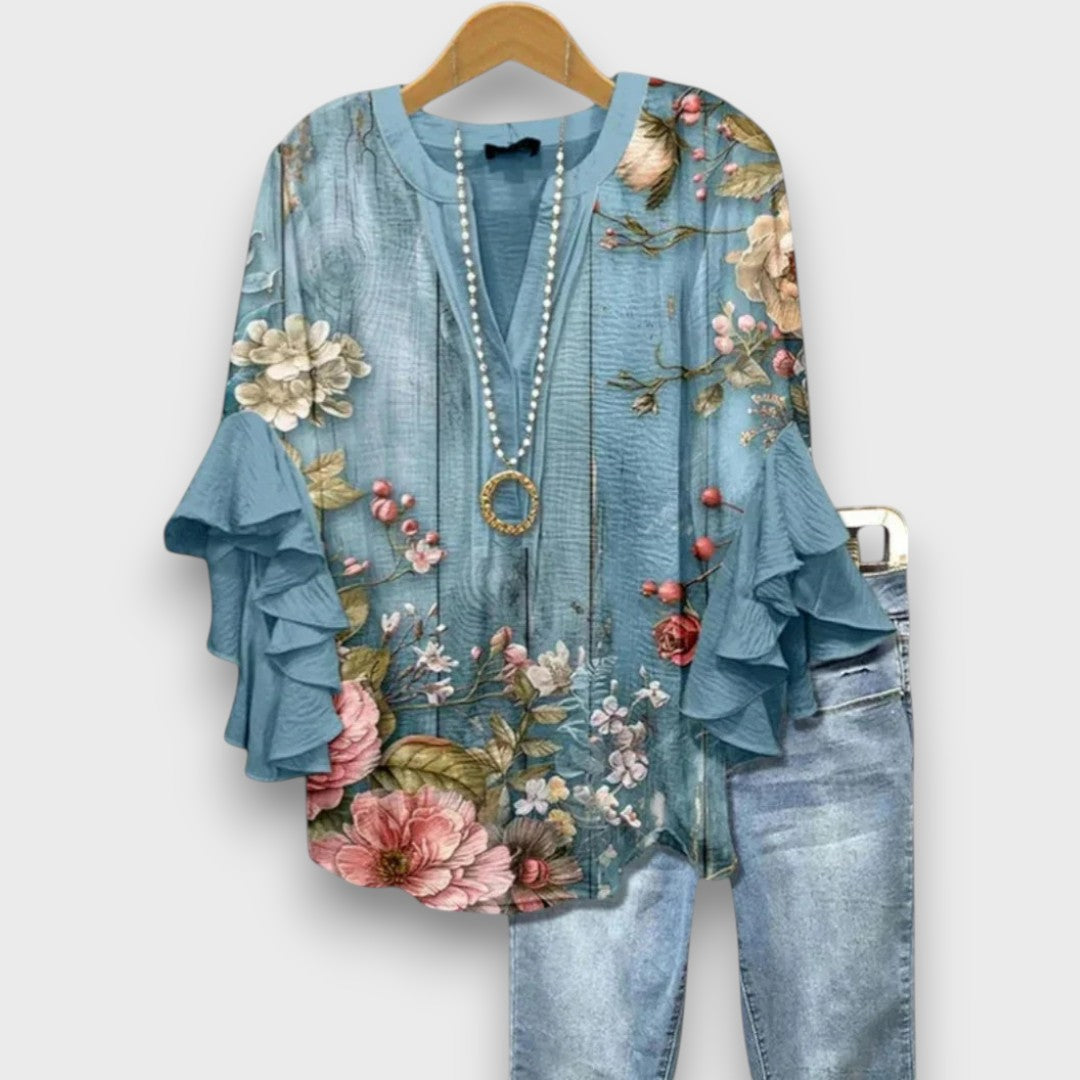 Dames Blouse met V-hals en Rüschenmouwen met Bloemenprint Bloemblauw