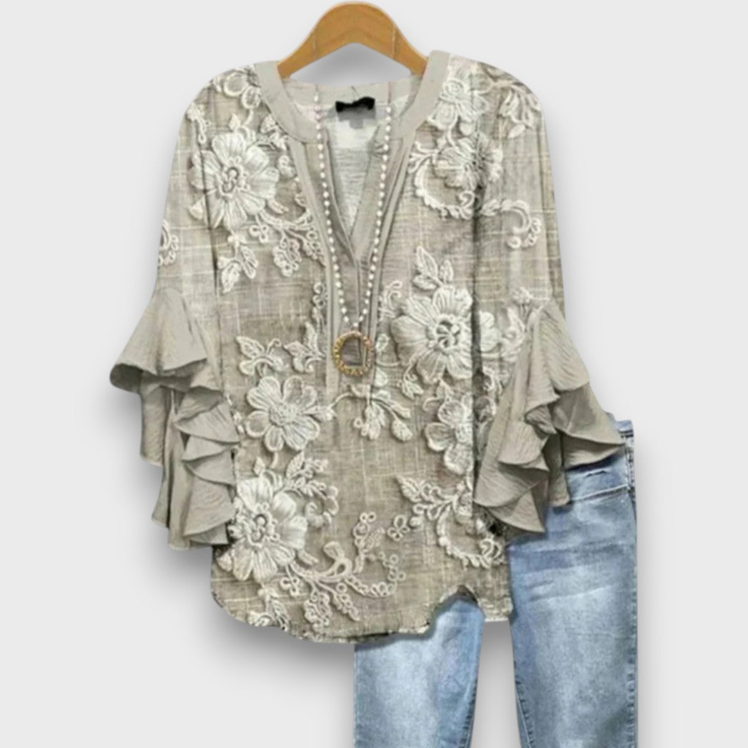 Dames Blouse met V-hals en Rüschenmouwen met Bloemenprint Lichtbruin