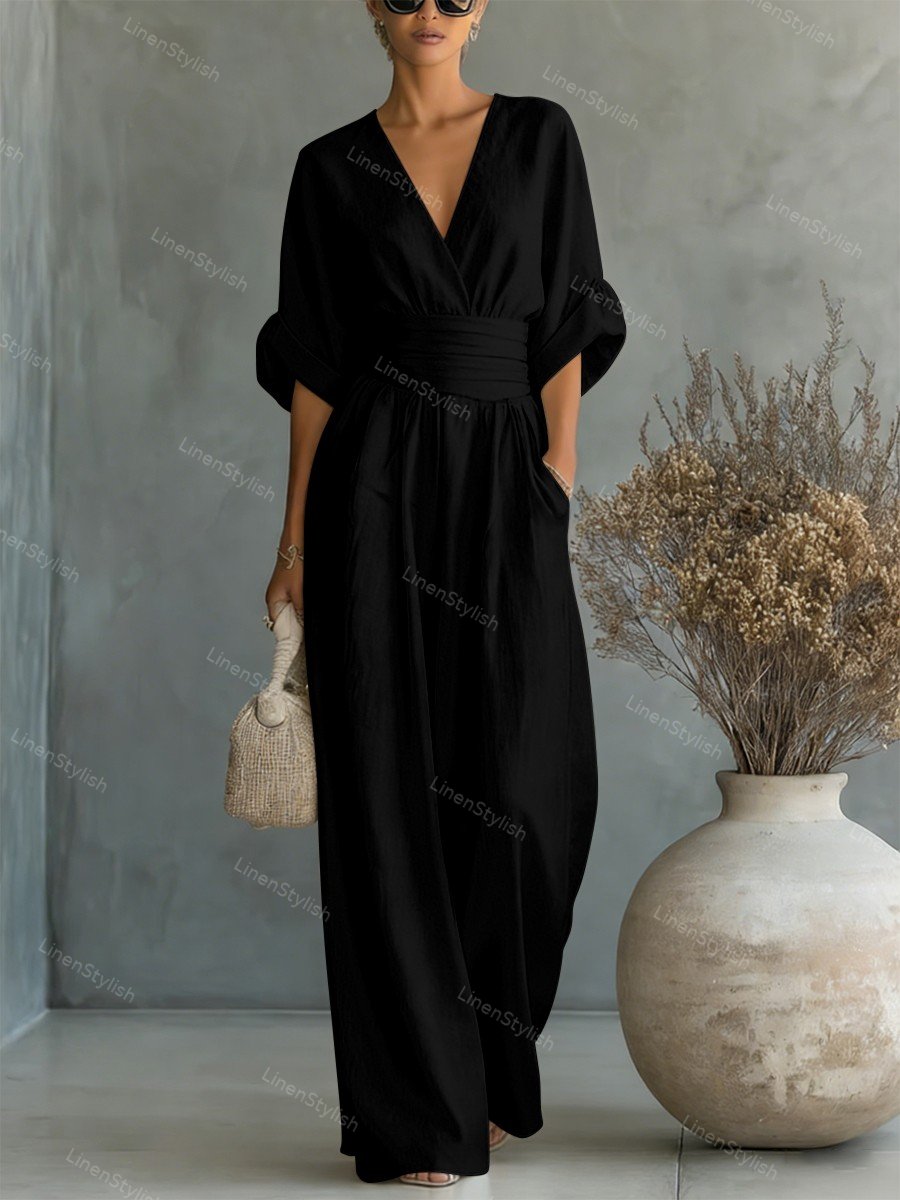 Dames Jumpsuit met Diepe V-hals, Sjerband en Wijde Pijpen Zwart