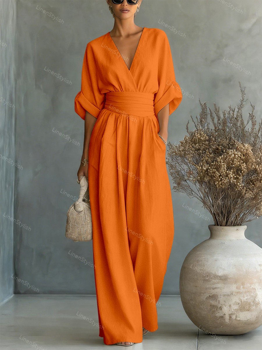 Dames Jumpsuit met Diepe V-hals, Sjerband en Wijde Pijpen Oranje