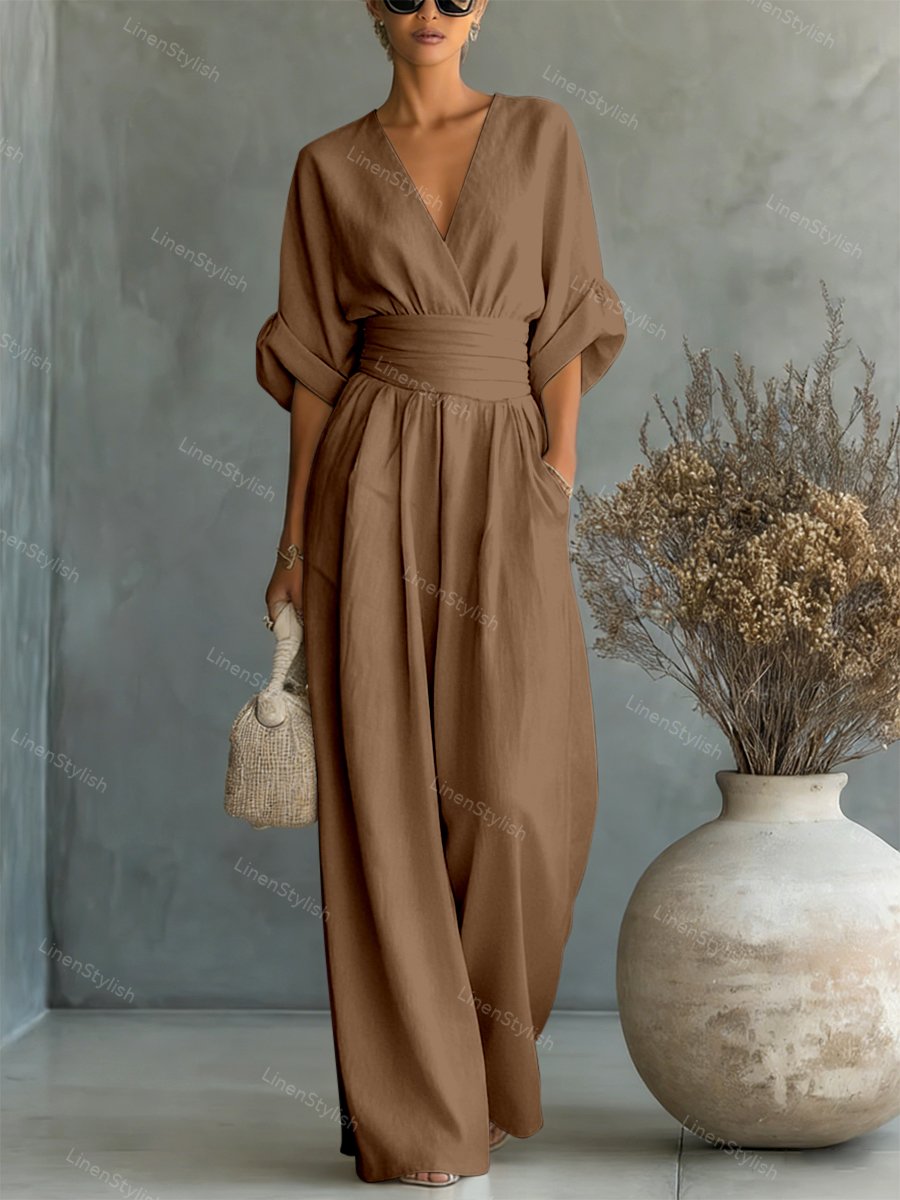 Dames Jumpsuit met Diepe V-hals, Sjerband en Wijde Pijpen Khaki