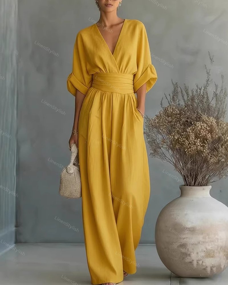 Dames Jumpsuit met Diepe V-hals, Sjerband en Wijde Pijpen Geel