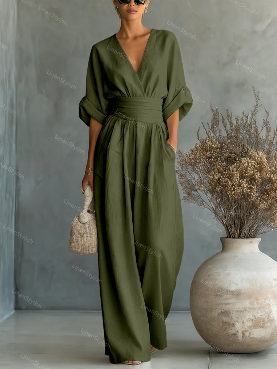 Dames Jumpsuit met Diepe V-hals, Sjerband en Wijde Pijpen Legergroen