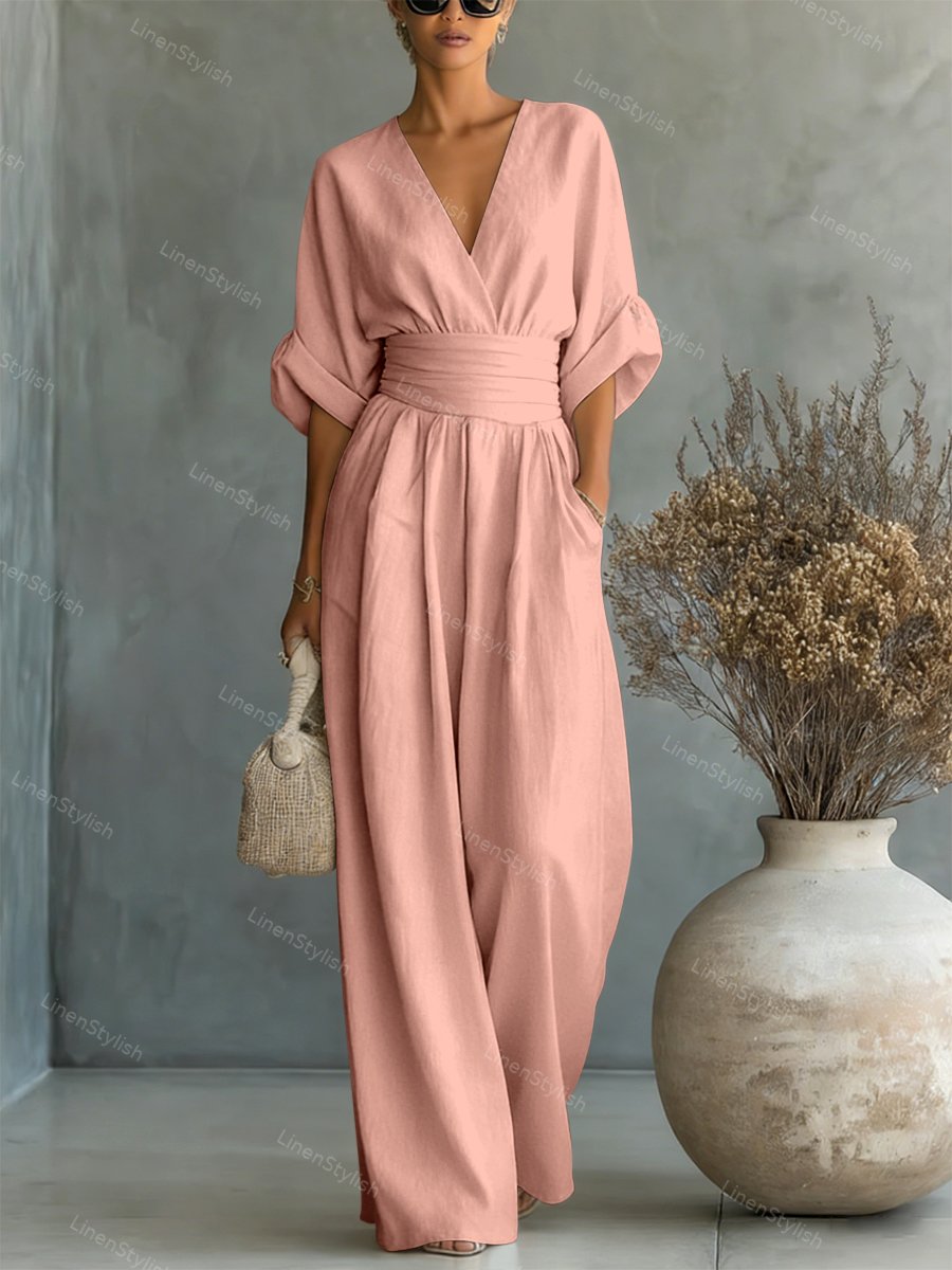 Dames Jumpsuit met Diepe V-hals, Sjerband en Wijde Pijpen Roze