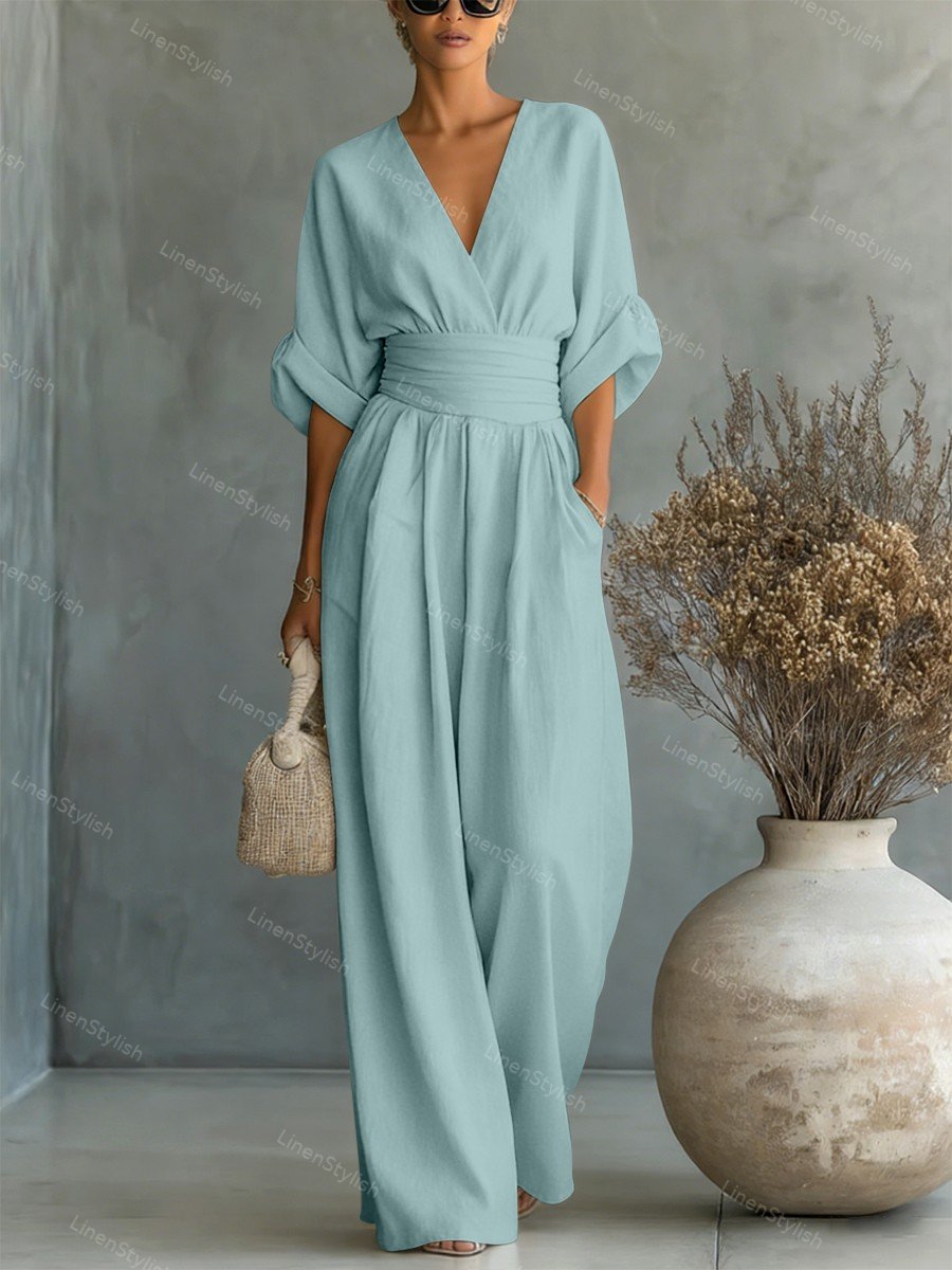 Dames Jumpsuit met Diepe V-hals, Sjerband en Wijde Pijpen Blauw