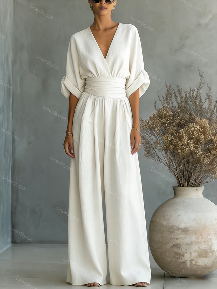 Dames Jumpsuit met Diepe V-hals, Sjerband en Wijde Pijpen Wit