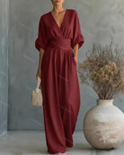 Dames Jumpsuit met Diepe V-hals, Sjerband en Wijde Pijpen Wijn