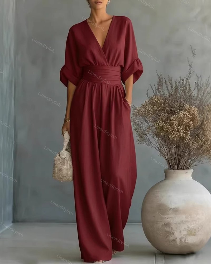 Dames Jumpsuit met Diepe V-hals, Sjerband en Wijde Pijpen Wijn