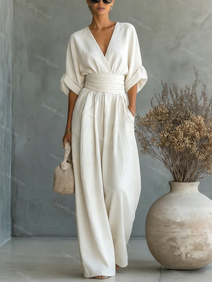 Dames Jumpsuit met Diepe V-hals, Sjerband en Wijde Pijpen