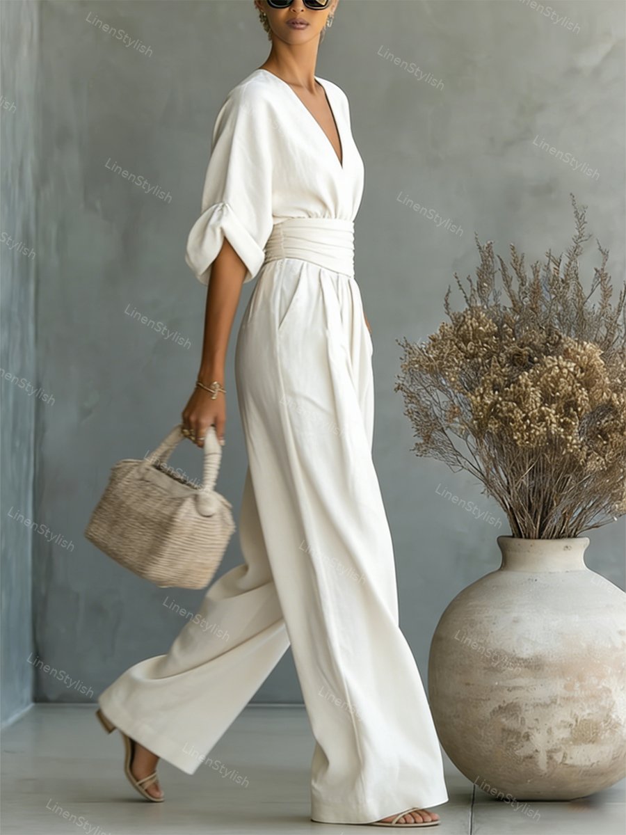 Dames Jumpsuit met Diepe V-hals, Sjerband en Wijde Pijpen