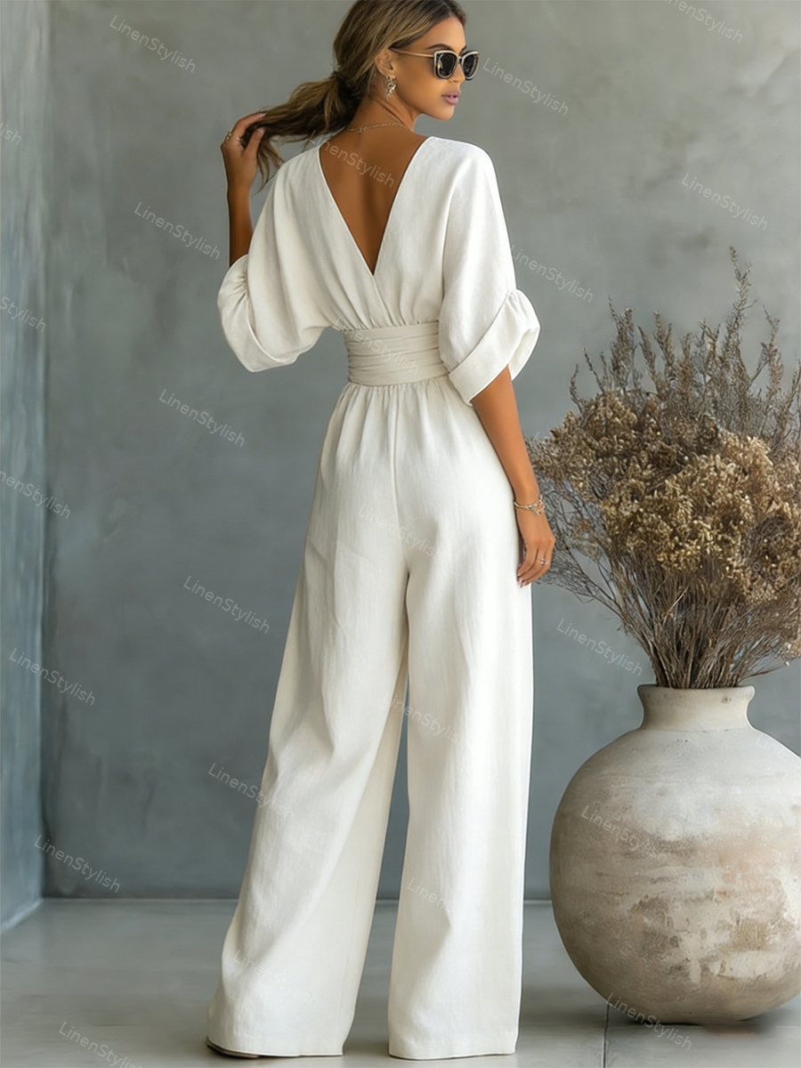 Dames Jumpsuit met Diepe V-hals, Sjerband en Wijde Pijpen