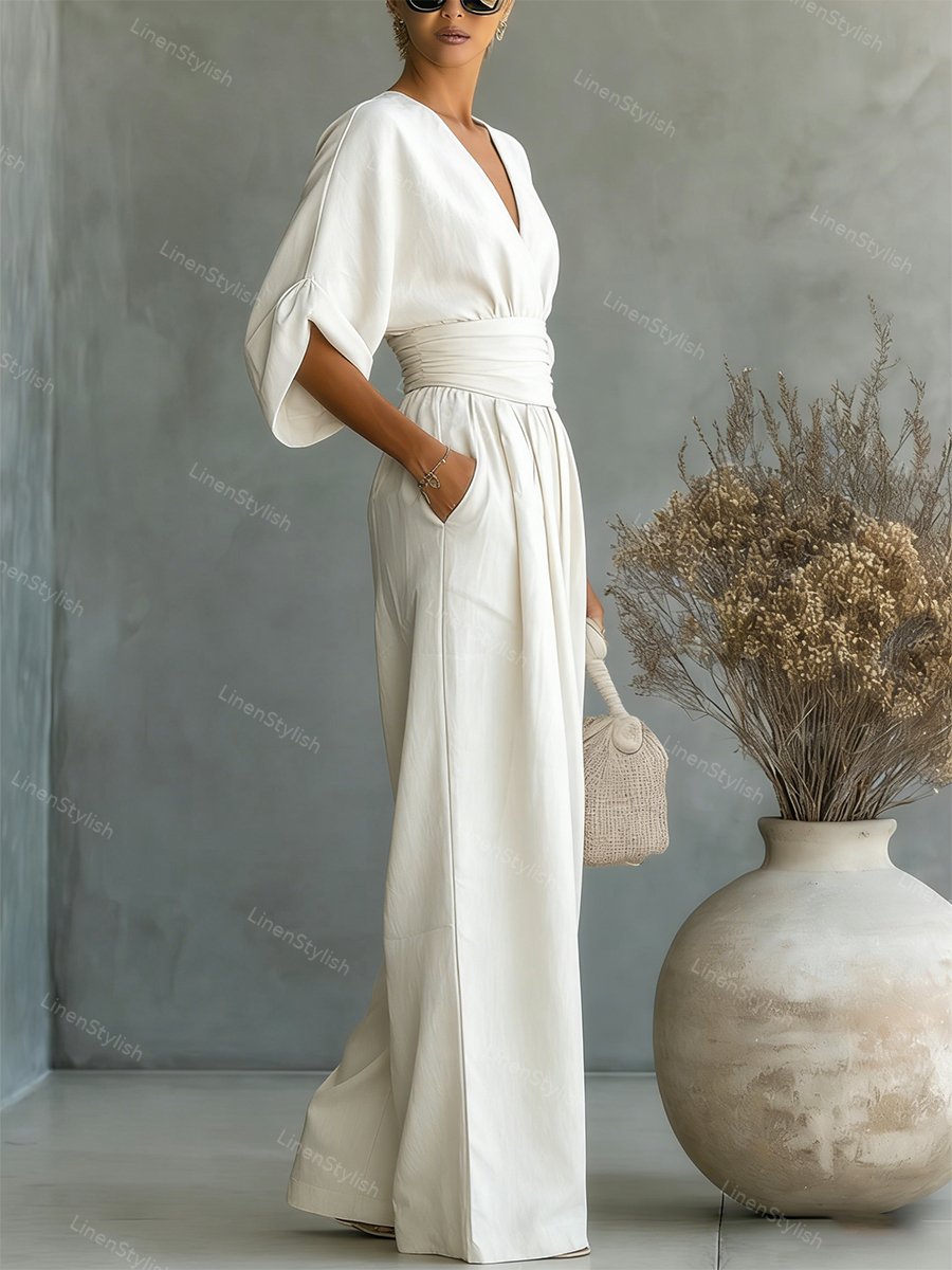 Dames Jumpsuit met Diepe V-hals, Sjerband en Wijde Pijpen